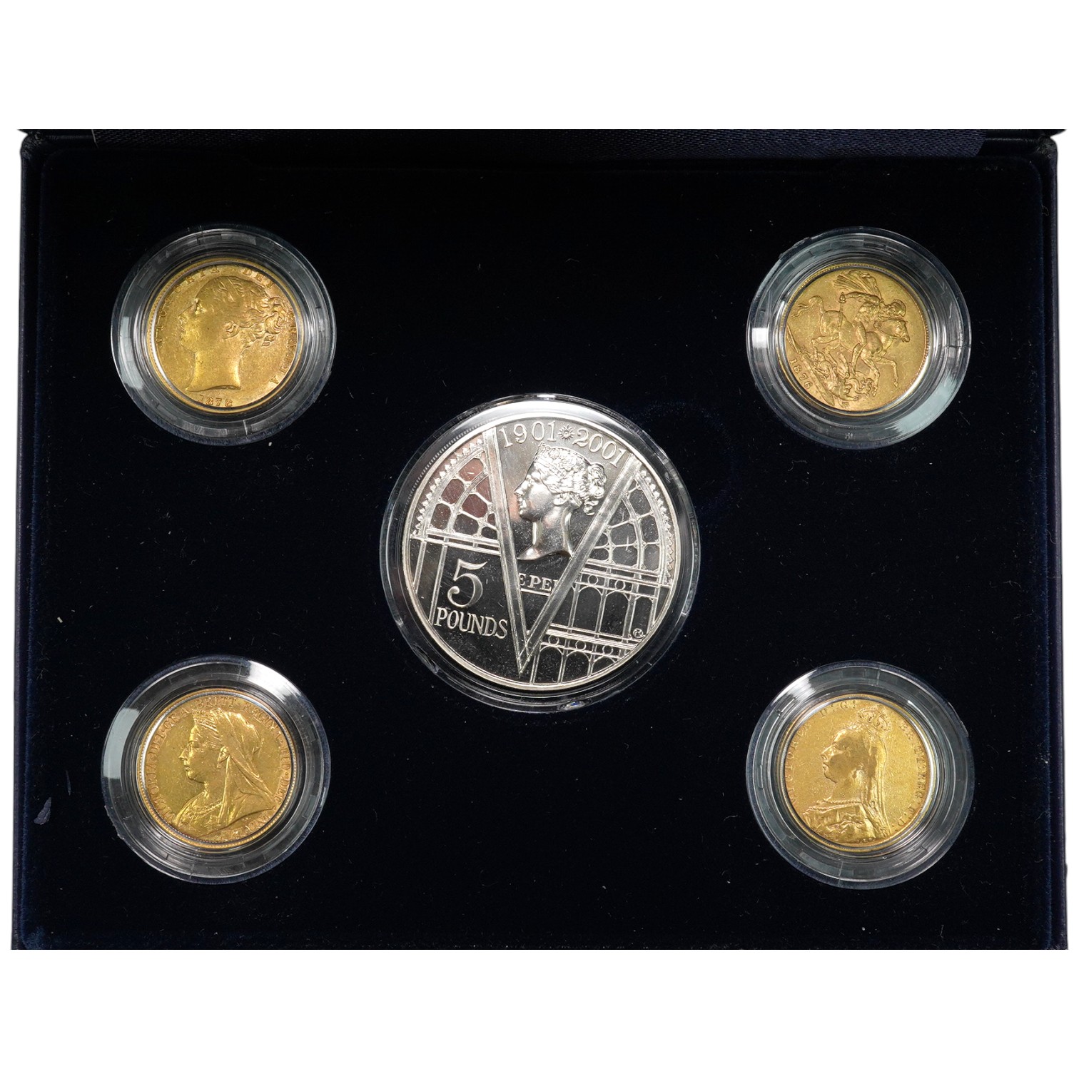 British gold coins, four Victoria gold sovereigns, later cased by Westminster commemorating the centenary of Queen Victoria‘s death, comprising 1876, Fine or better, 1878 VG or better, 1889, about Fine, 1896, obv. scratc